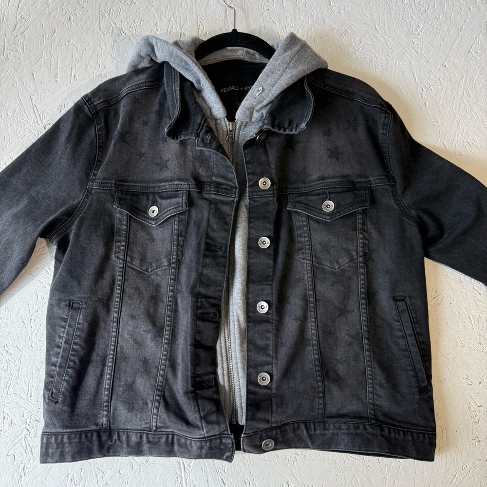 Kendall & Kylie Star Noir Trucker Washed Jacket Gray Layer Look Hoodie Y2k Edgy